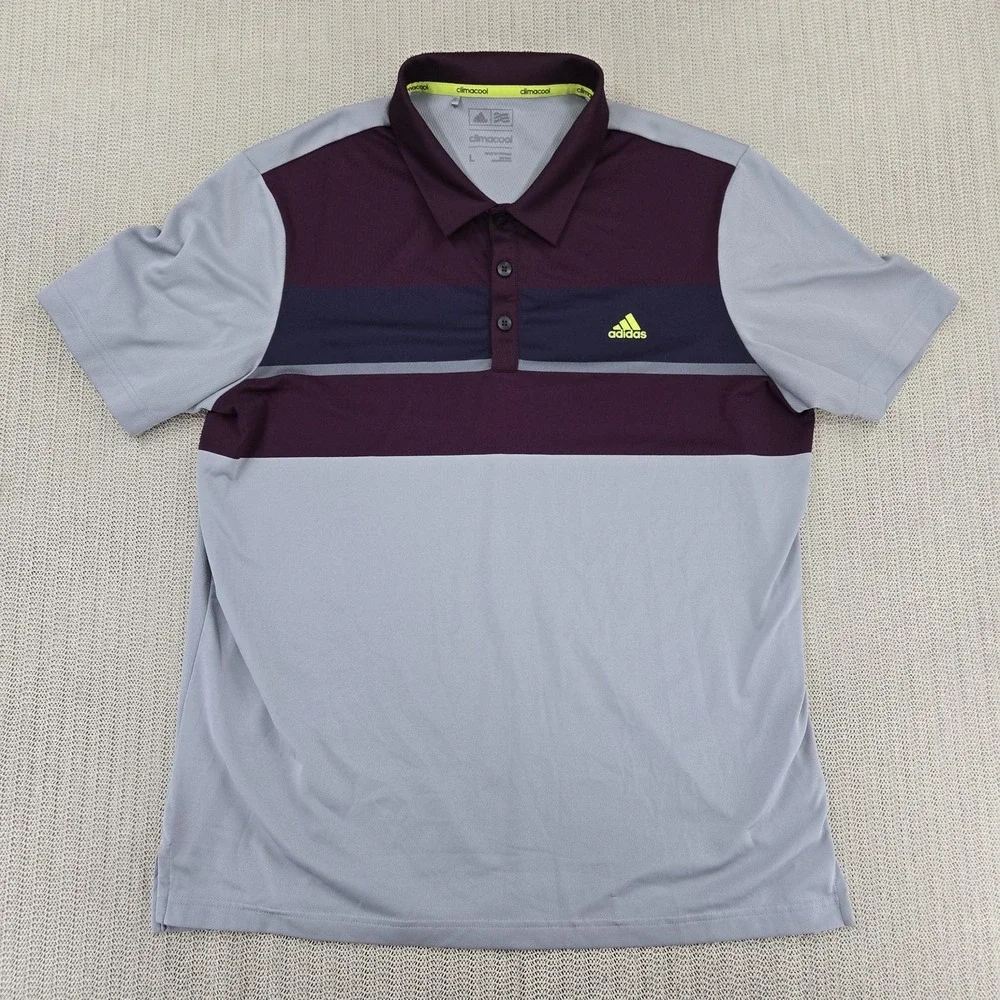 Adidas Polo Shirt Mens Large Gray Maroon Colorblock Climacool Golf Short Sleeve